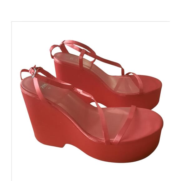 Zara Womens Red Chunky Satin Strap Wedge Sandals Size 9 (EU 40) - Picture 9 of 9